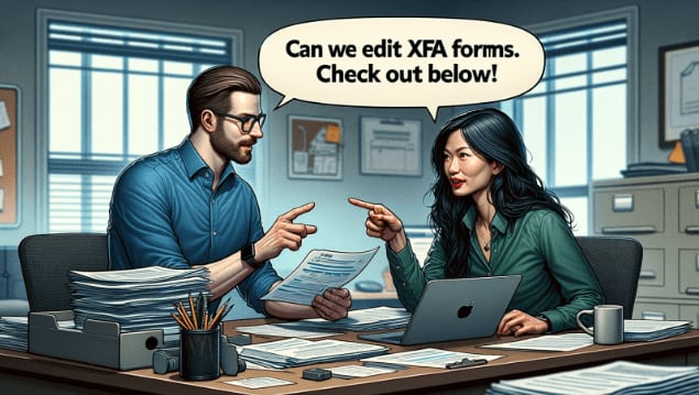Digital illustration of two people sitting on a desk and one of them asking can we edit XFA forms