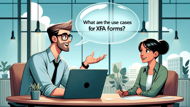 Digital illustration of two people sitting on a desk and one of them asking what are the use cases for XFA forms