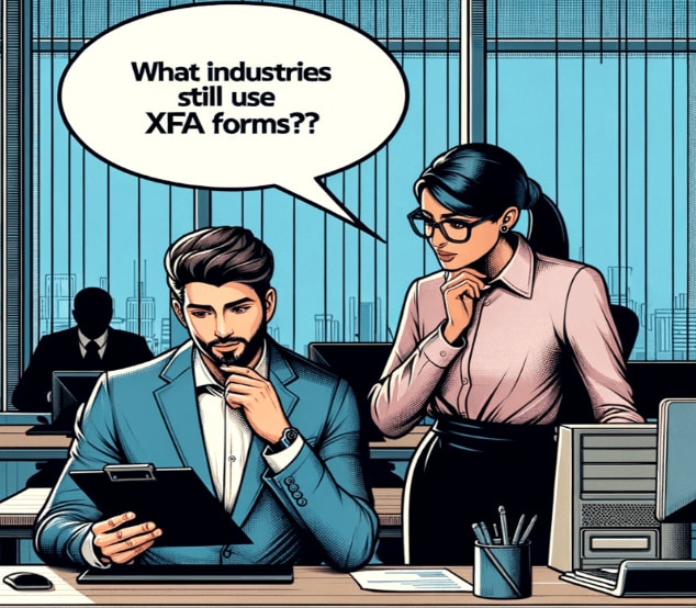 Digital illustration of one person sitting on a desk and another is standing right beside and asking what industries still use XFA forms