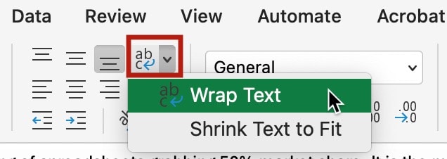A red box indicating the wrap text drop-down menu