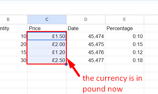 red arrow pointing to rectangle that highlights prices in pound