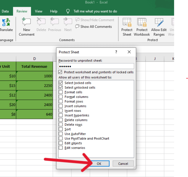 red arrow pointing to ‘OK’ button to protect the sheet