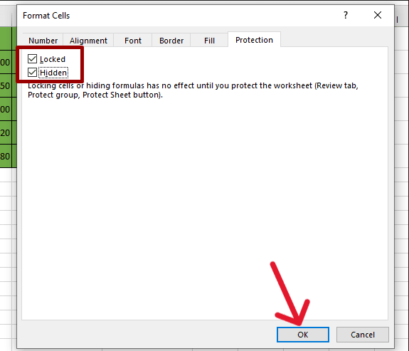 red rectangle highlights the Locked and Hidden checkboxes when they are checked and another red arrow pointing to ‘OK’ button