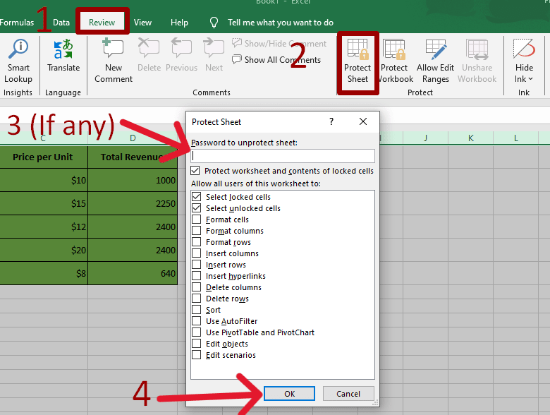 two red rectangles highlight the ‘Review’ tab and “Protect Sheet” respectively and a red arrow pointing to password field to set a password and another red arrow pointing to ‘OK’ button to protect the sheet