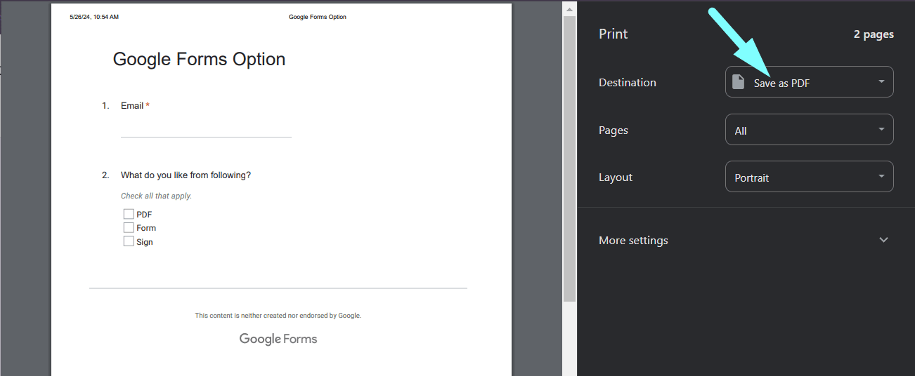 white arrow pointing to “Save as PDF” in print dialog