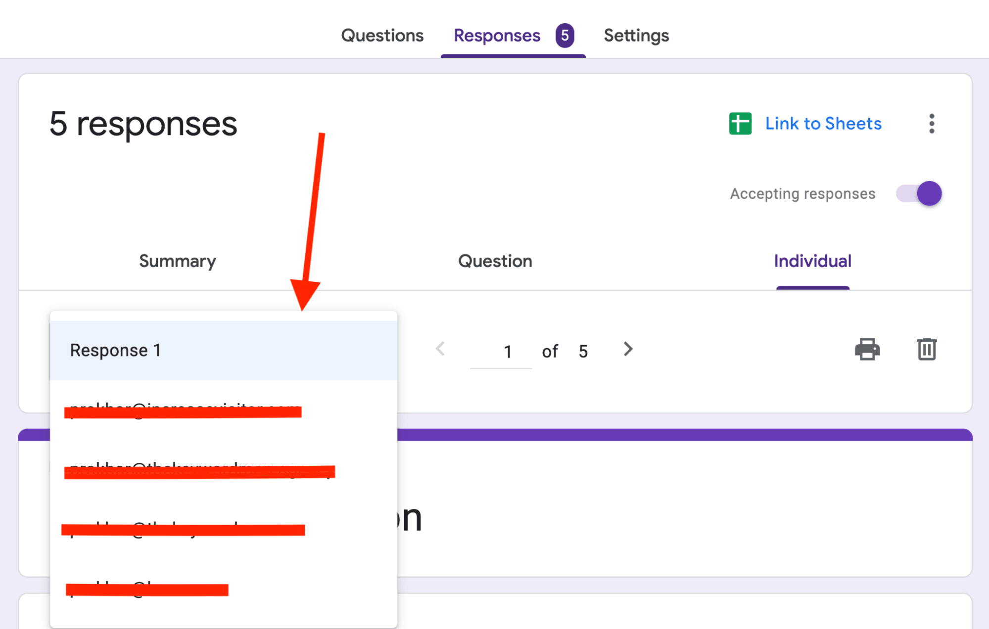 red arrow pointing to respondents email address