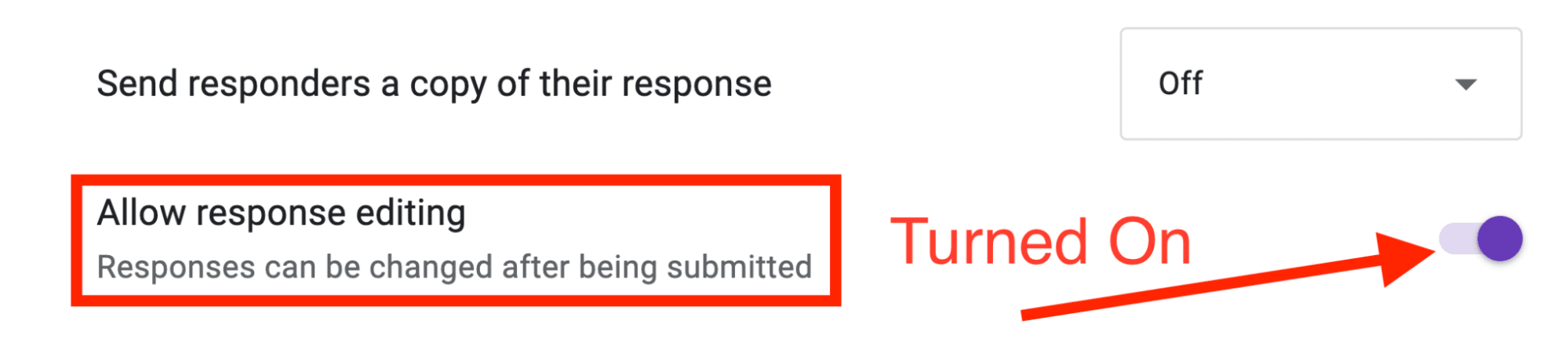 Red arrow pointing towards the turned-on toggle of response editing.