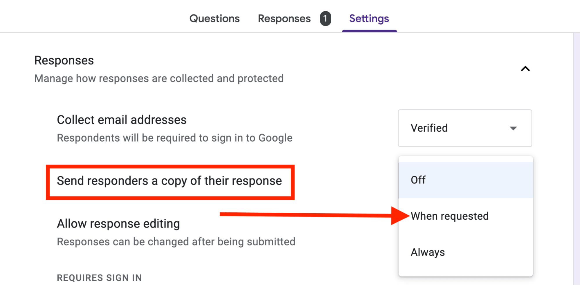 Red arrow pointing towards the “When requested” option.