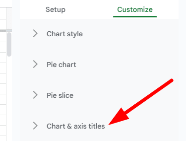 red arrow pointing to "Chart & axis titles" at the menu of ‘Customize’ in google sheet chart editor