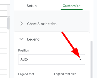 red arrow pointing to a dropdown arrow to set the position of Legend of Pie chart in google sheet