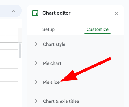 red arrow pointing to “Pie slice” at the menu of ‘Customize’ in google sheet chart editor