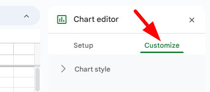 red arrow pointing to ‘Customize’ under Chart editor in google sheet