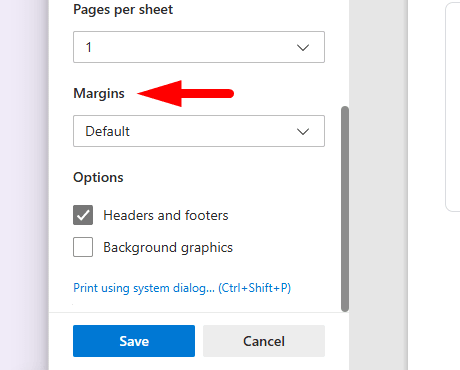 red arrow pointing to margins option in the print dialog