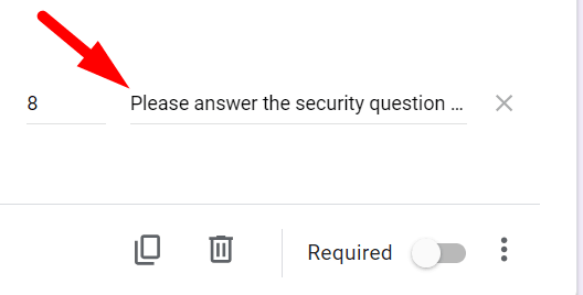 red arrow pointing to an error prompt which is "Please answer the security question correctly to proceed."