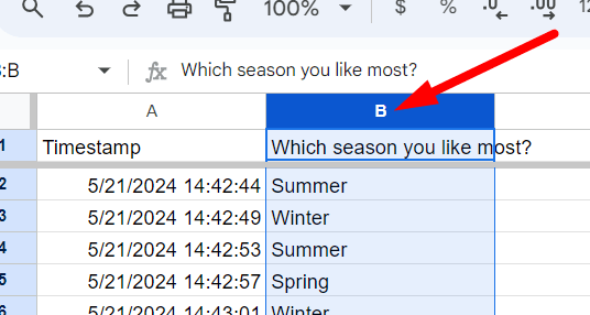 red arrow pointing to column B tilted “Which season you like most” when its selected