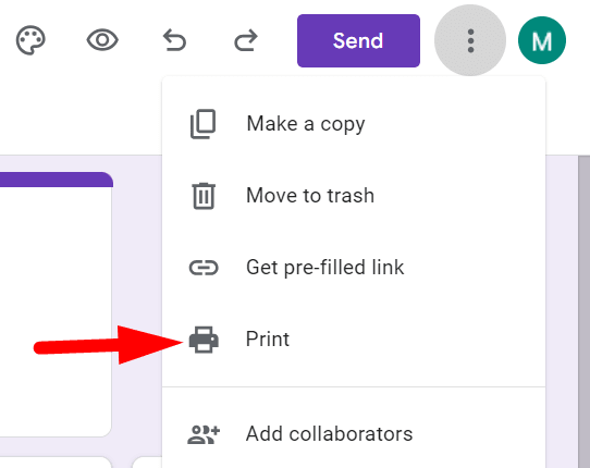 red arrow pointing to print option in dropdown menu