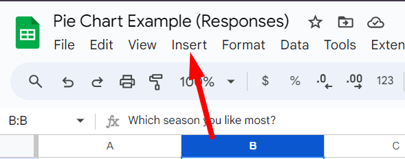 red arrow pointing to ‘Insert’ at the menu bar in google sheet