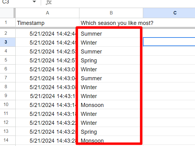 rectangle indicates season names in google sheet