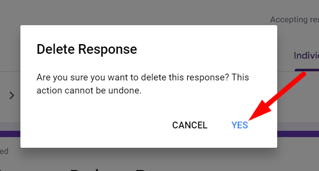 red arrow pointing to ‘Yes’ button to confirm deletion