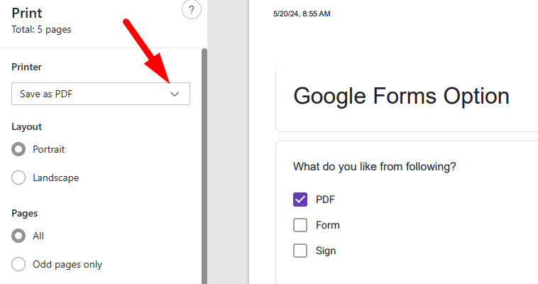 red arrow pointing to save as pdf arrow in the print dialog