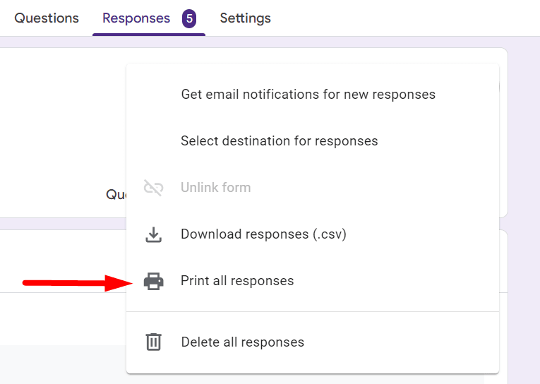 red arrow pointing to print all responses from dropdown menu