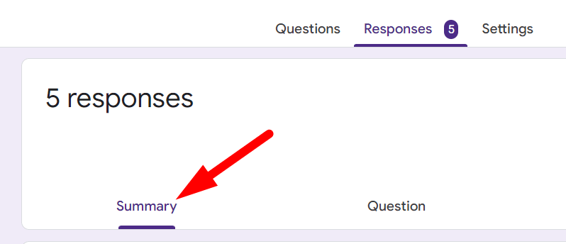 red arrow pointing to ‘Summary’ sub-tab in ‘Responses’ tab