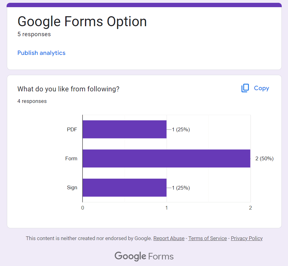 preview tab showing the summary of google form responses