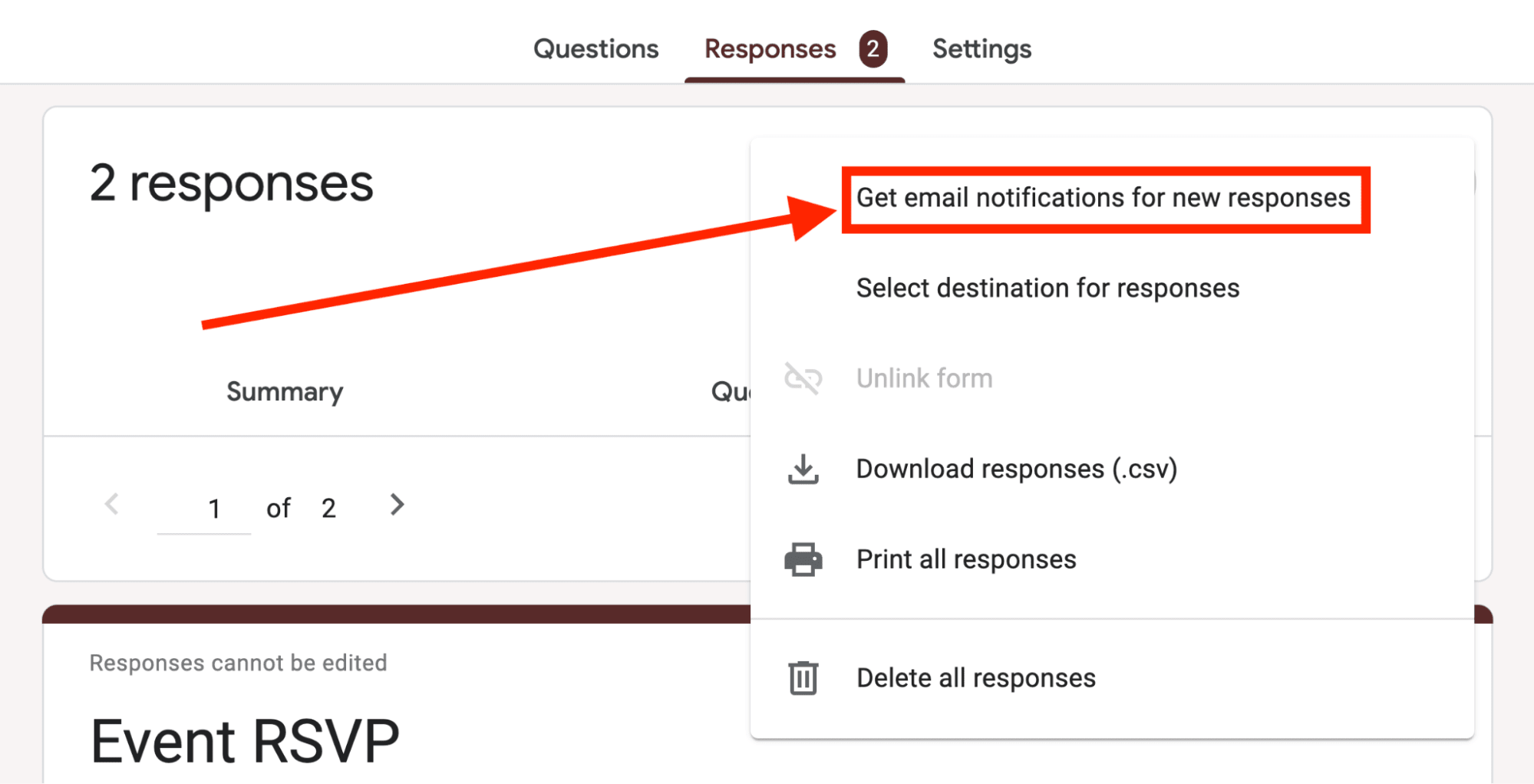 Red arrow pointing towards Get email notifications for new responses.