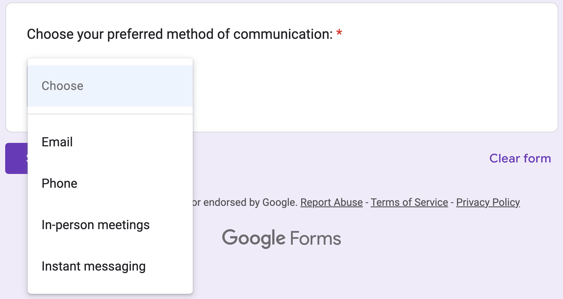 Respondent view of dropdown questions with the answers in a google form.