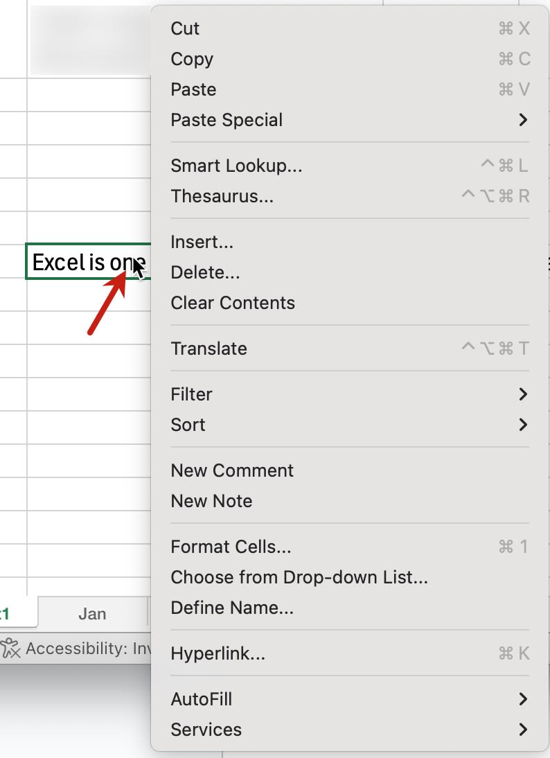 A red arrow pointing at the cell to right-click accessing context menu