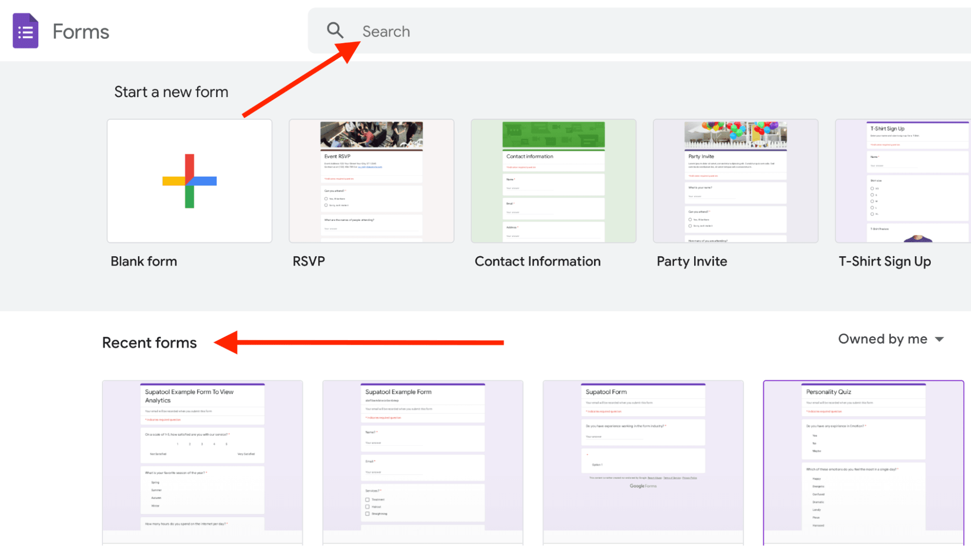 Google form homepage with 2 arrows on the search box and recent forms.