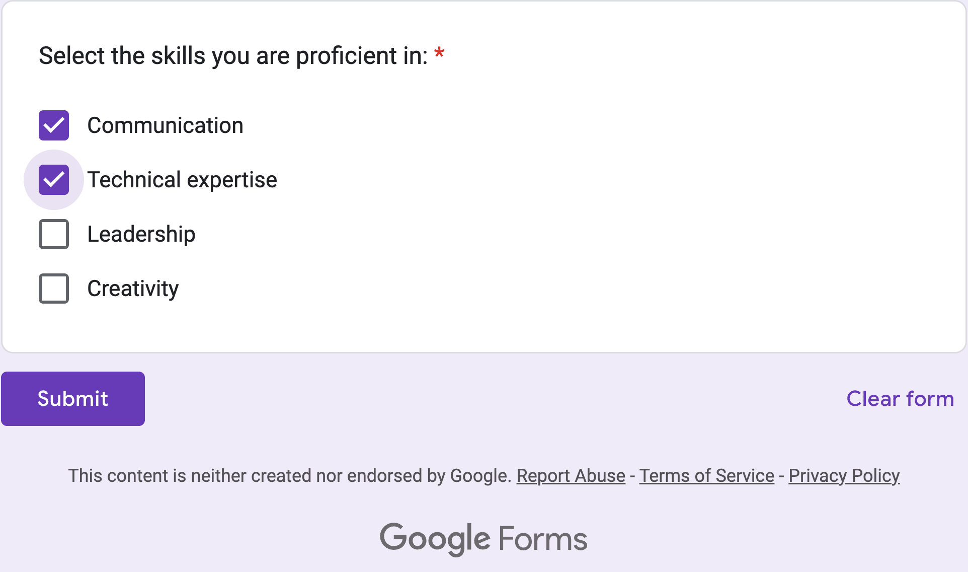 Respondent view of checkbox questions in a google form.