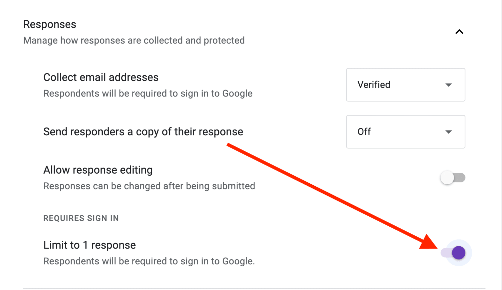 Red arrow pointing towards Limit to 1 response toggle.