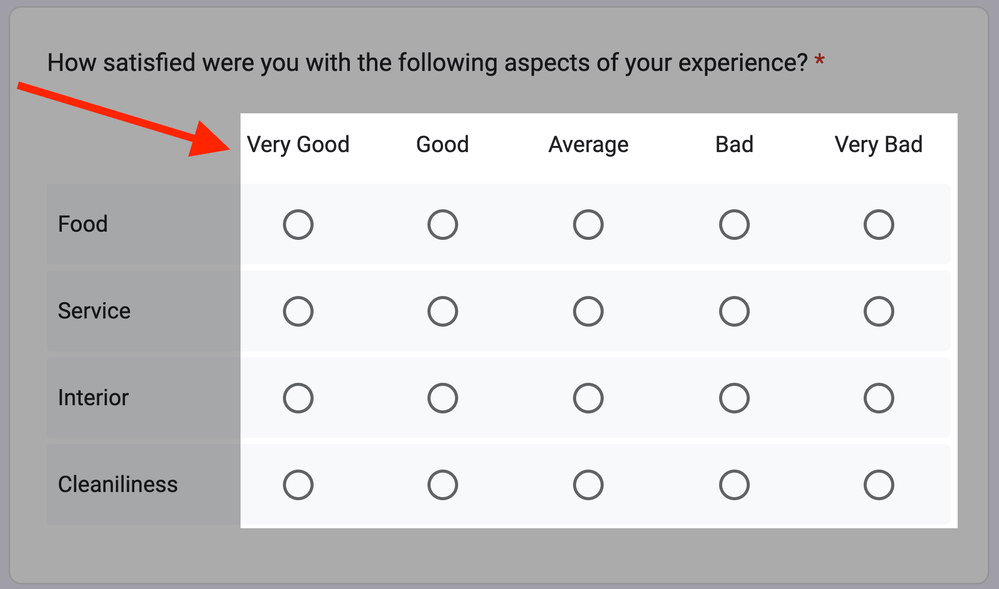 Red arrow pointing towards all the columns and the options from the question box.