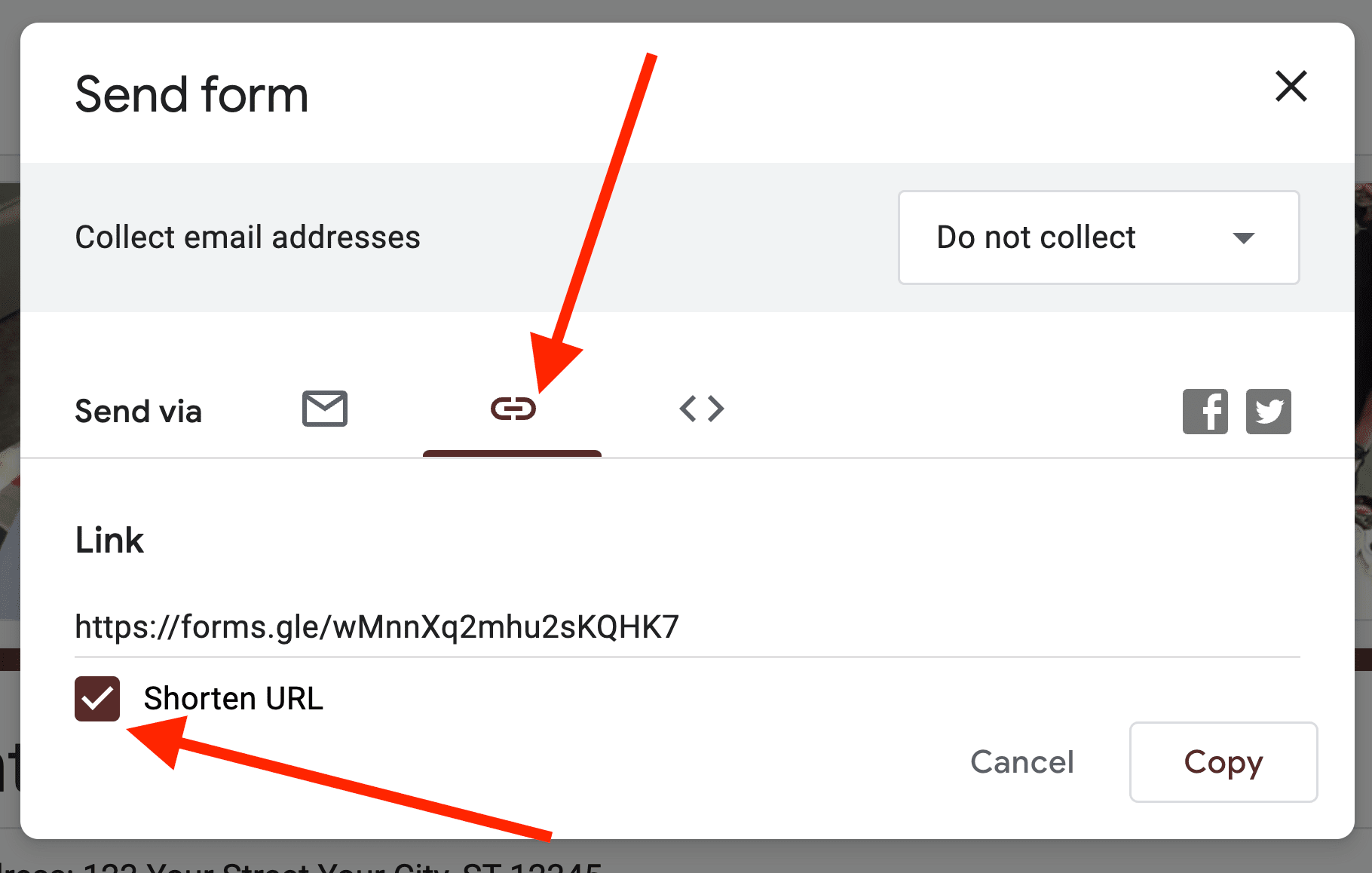 Two red arrows pointing towards the link icon and the shortened URL checkbox.