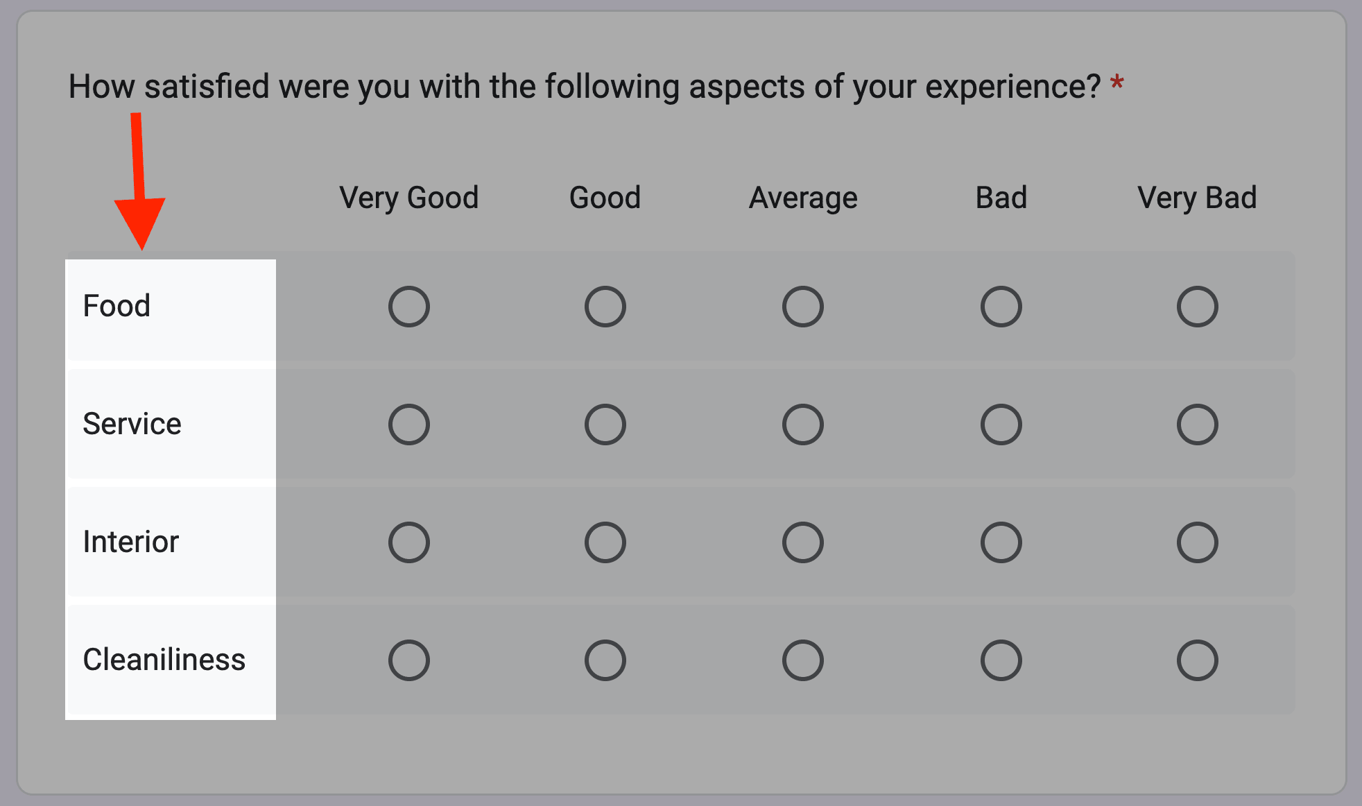  Red arrow pointing towards all the rows from the question box.