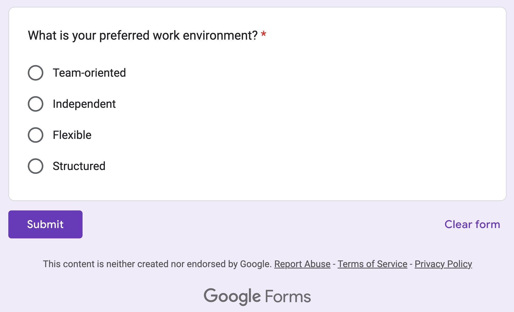 Respondent view of multiple choice question in a google form.