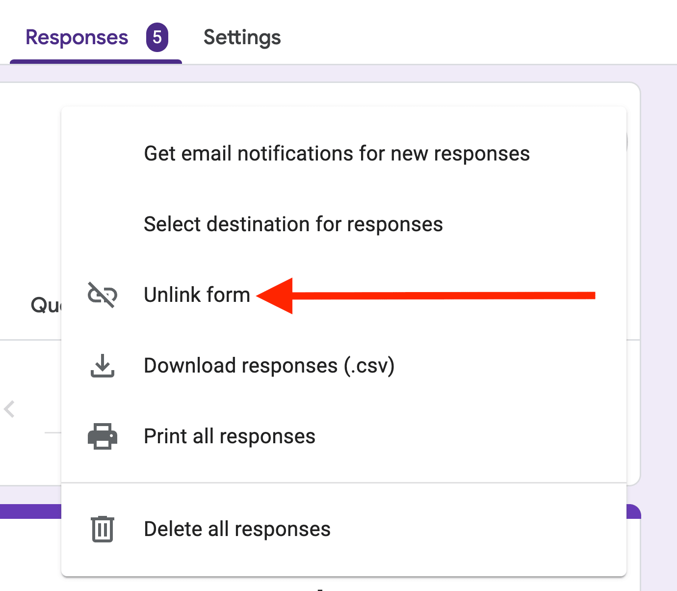 A red arrow pointing to the unlink form option.