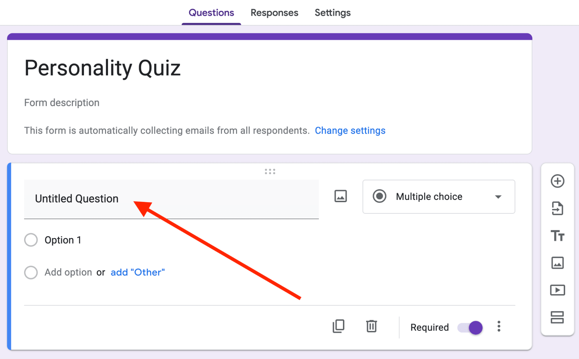 Red arrow pointing towards the untitled question field.