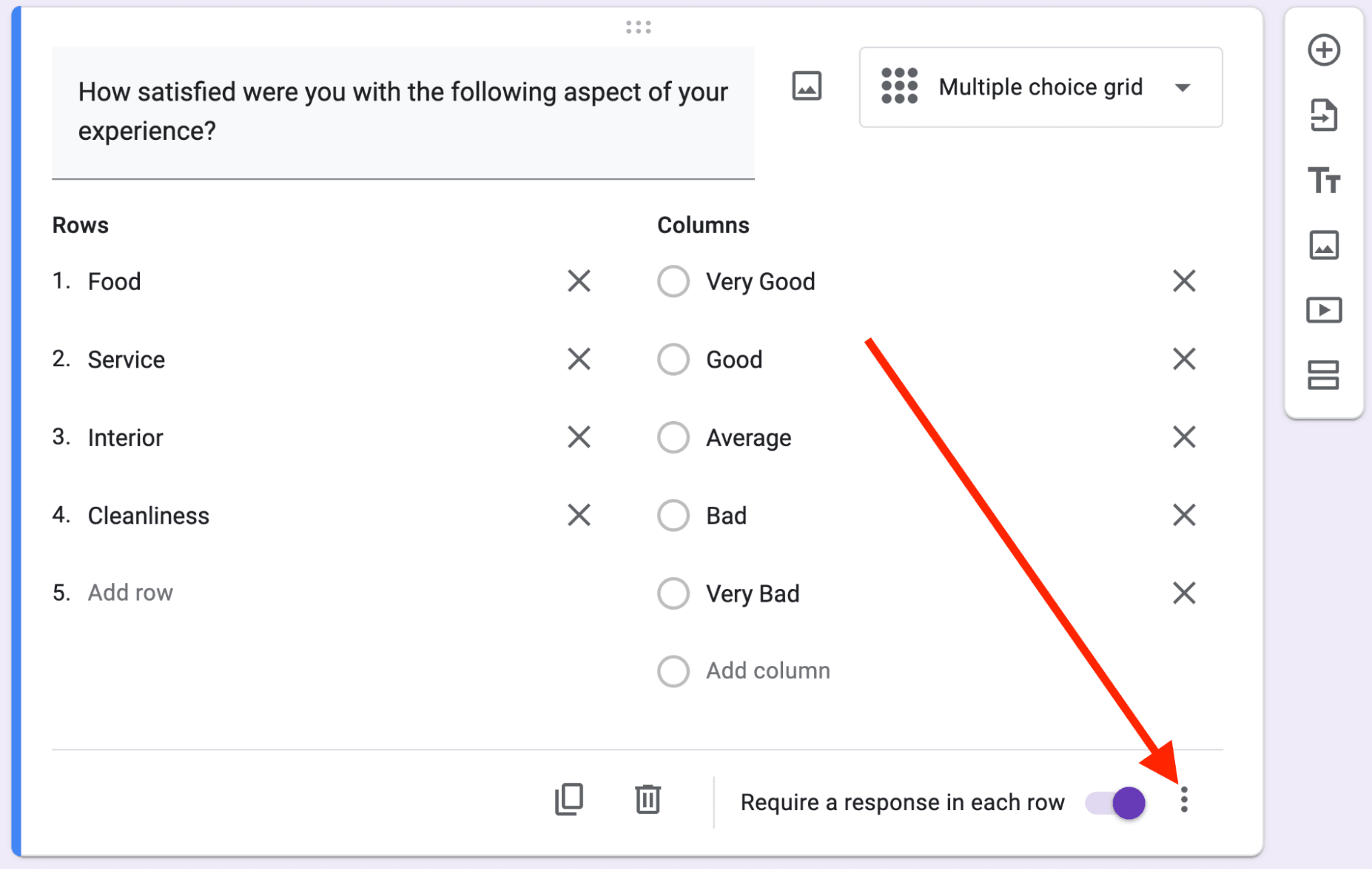 Red arrow pointing towards the three-dot menu at the right bottom of a Google Form question.