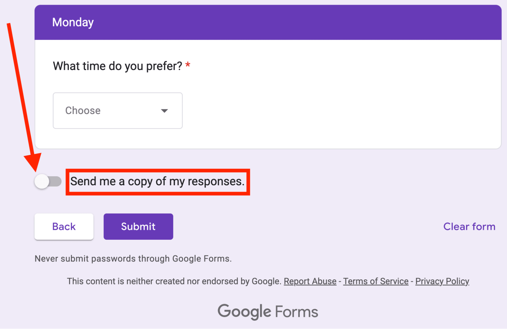 Red arrow pointing towards the toggle option on the left of “Send me a copy of my responses.”