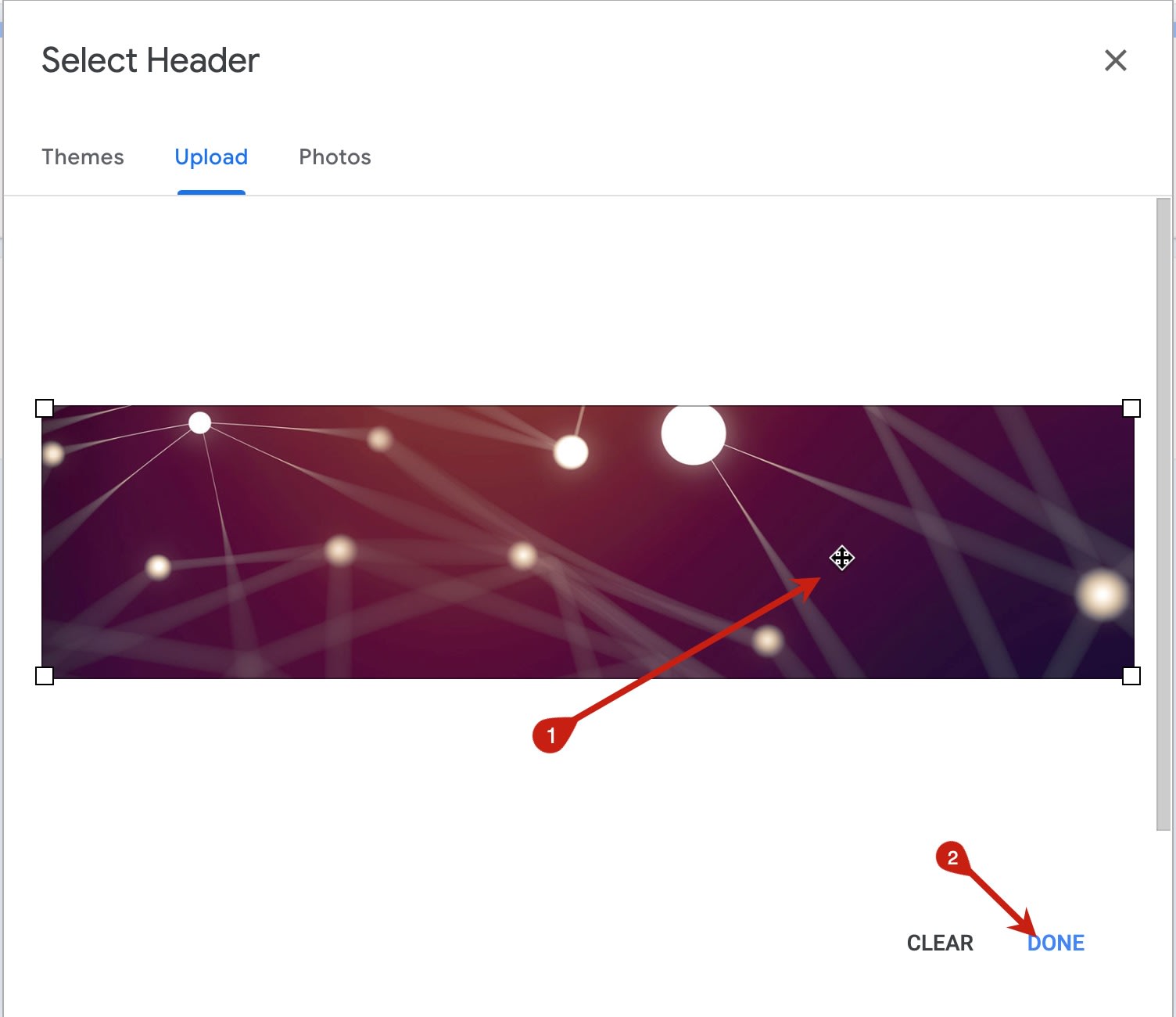 Red arrow with number 1 pointing to uploaded image, and red arrow with 2 pointing to done button in bottom right corner