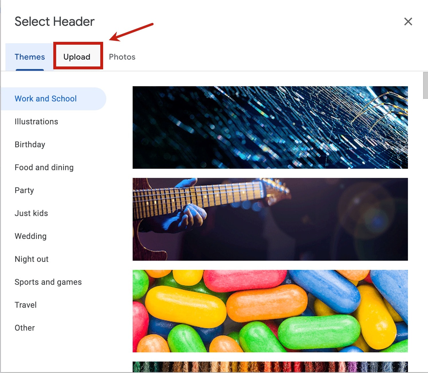 Red arrow pointing to Upload option, boxed in red