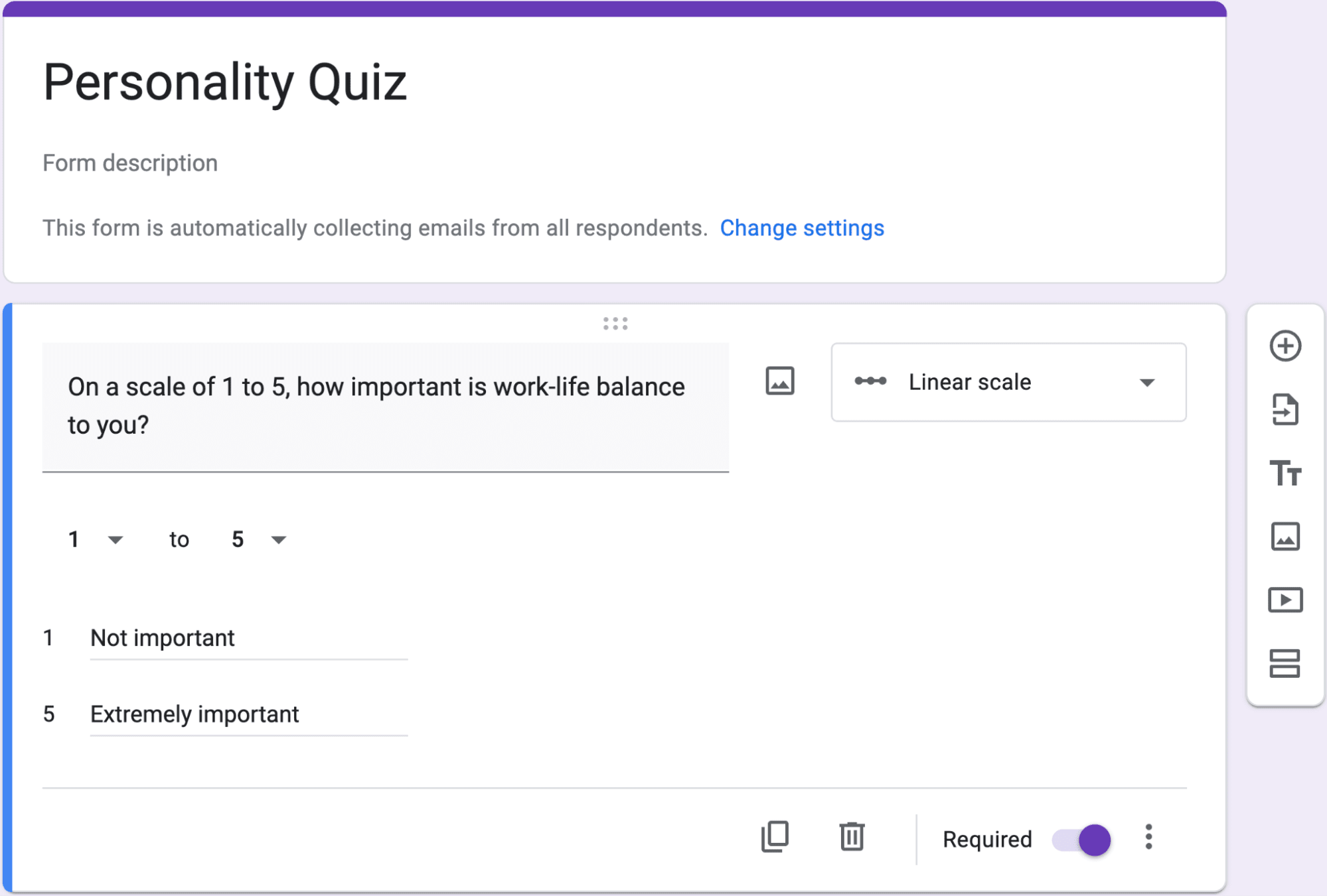 Preview of linear scale questions in a google form.