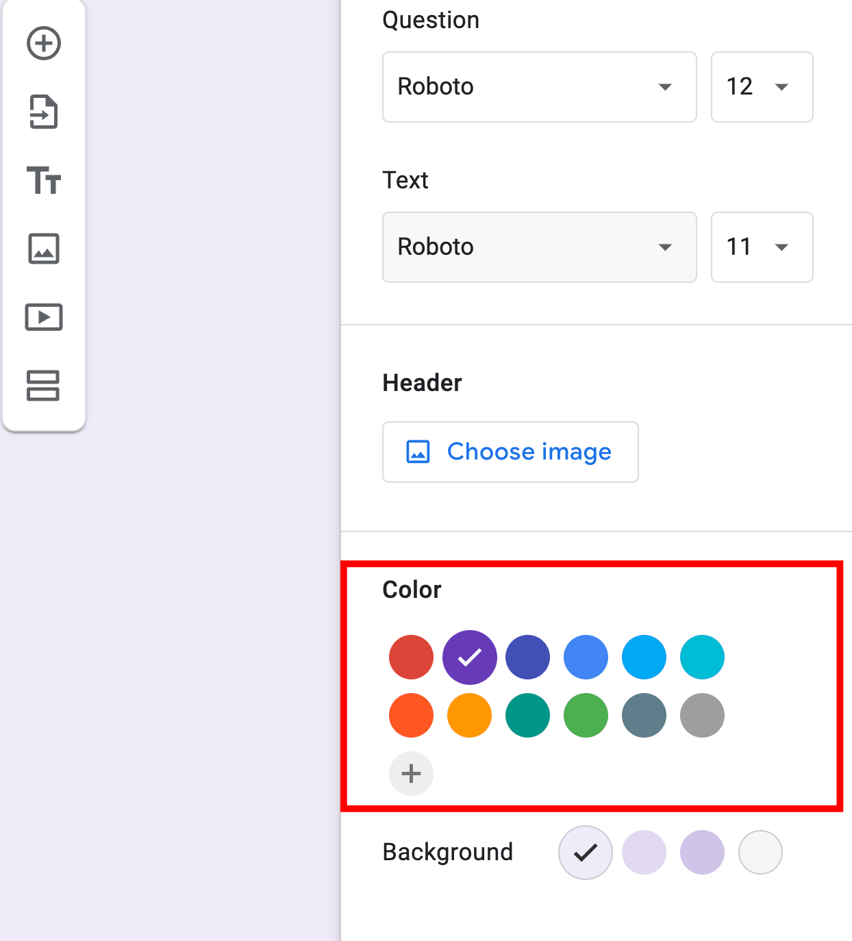 Red frame box highlighting color options of a Google Form.