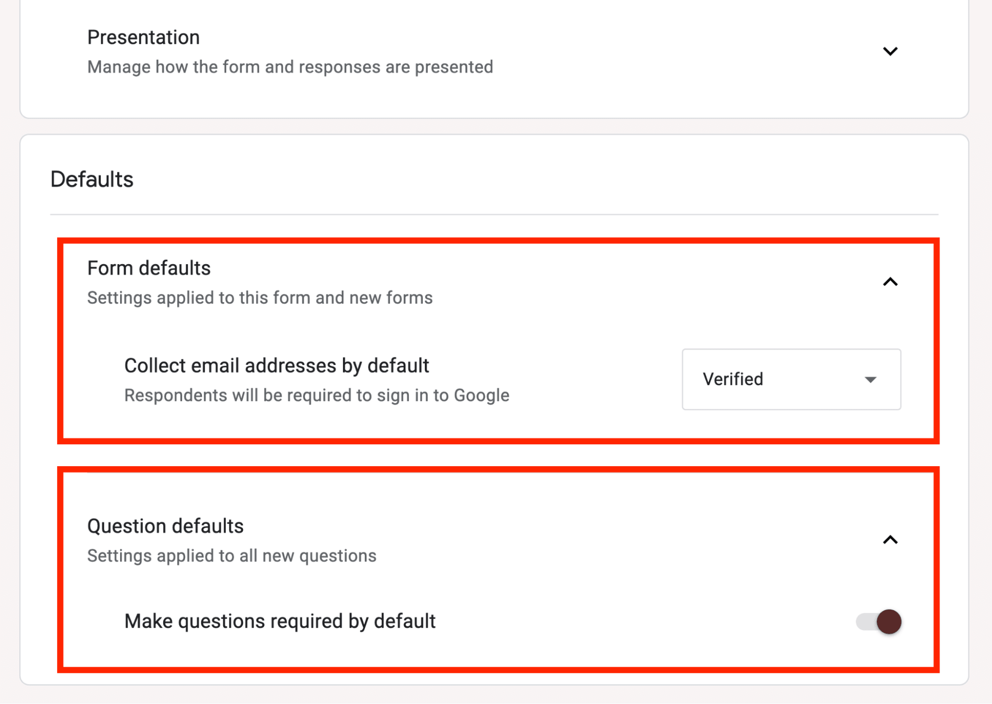 Two red square frames highlighting the form defaults and questions default setting options.