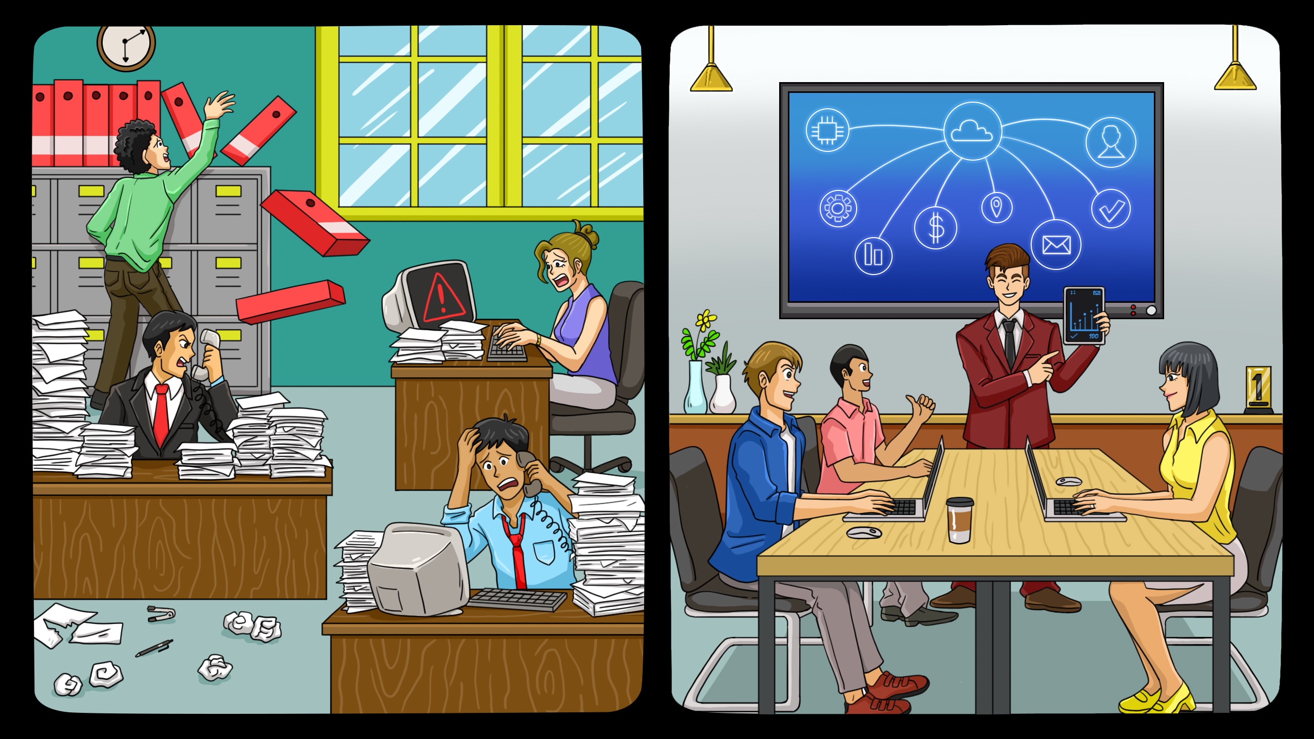 A visualisation of an office before and after implementing an accounts payable workflow.