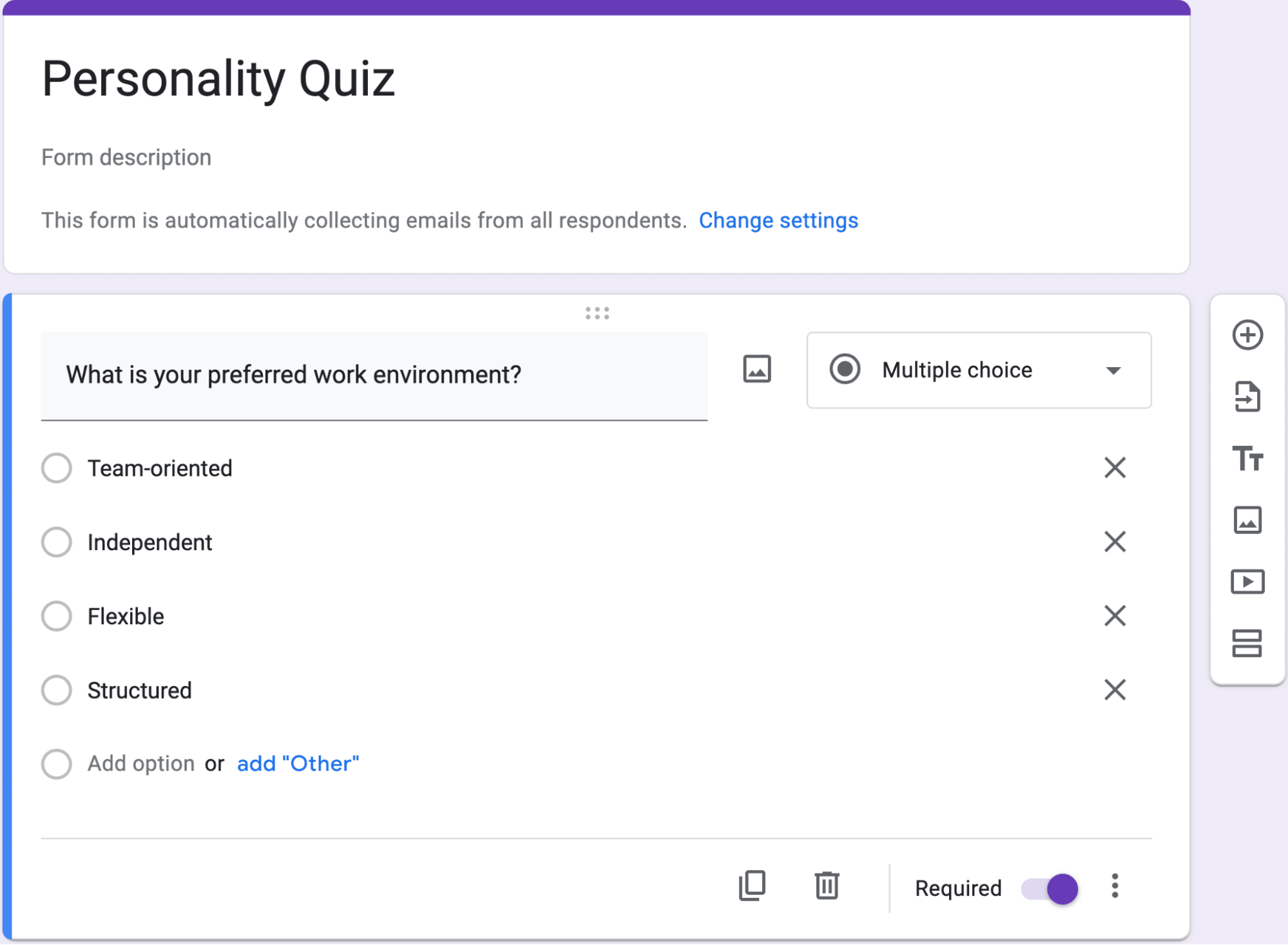 Preview of multiple choice questions in a google form.