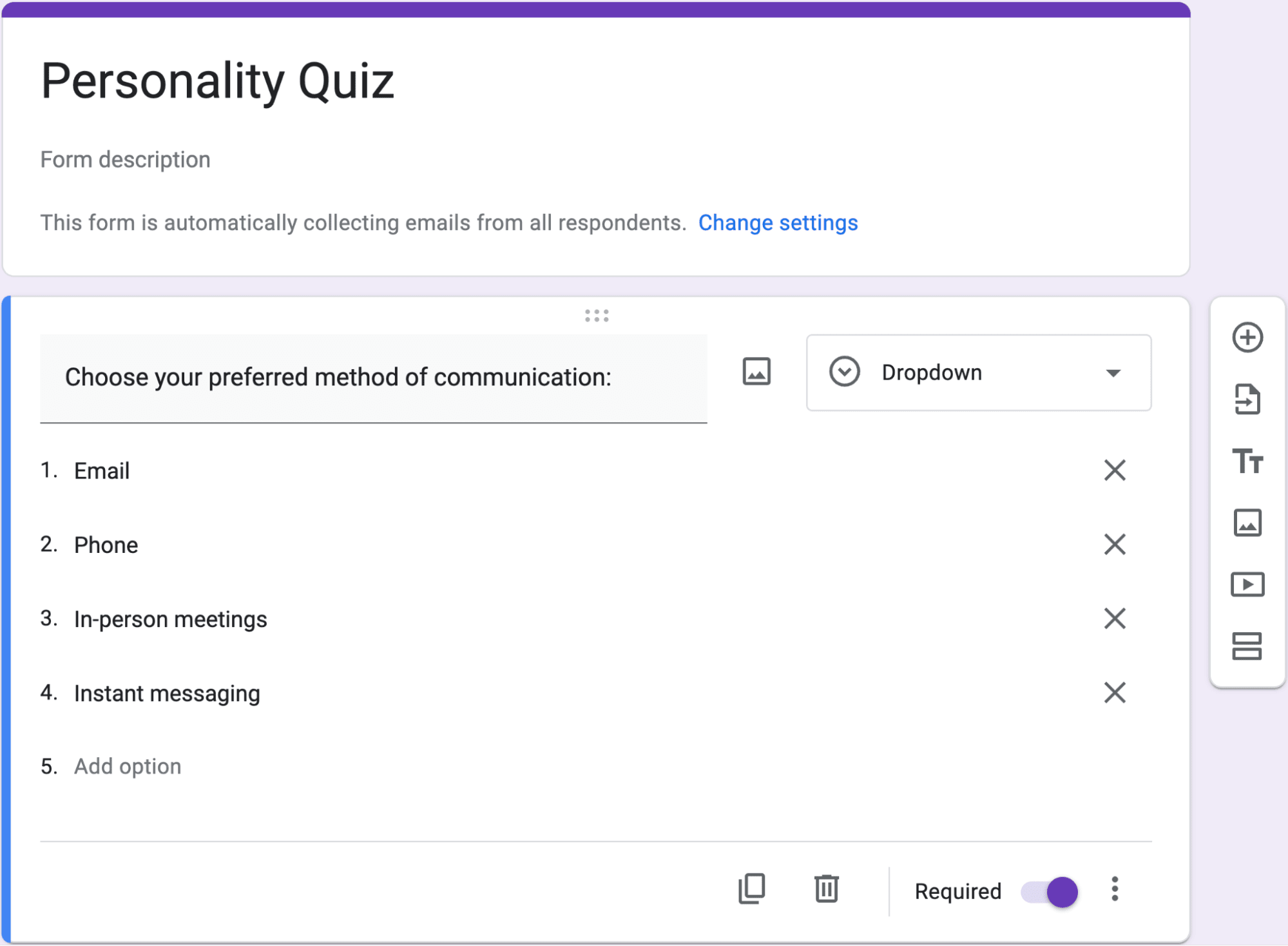 Preview of dropdown questions in a google form.