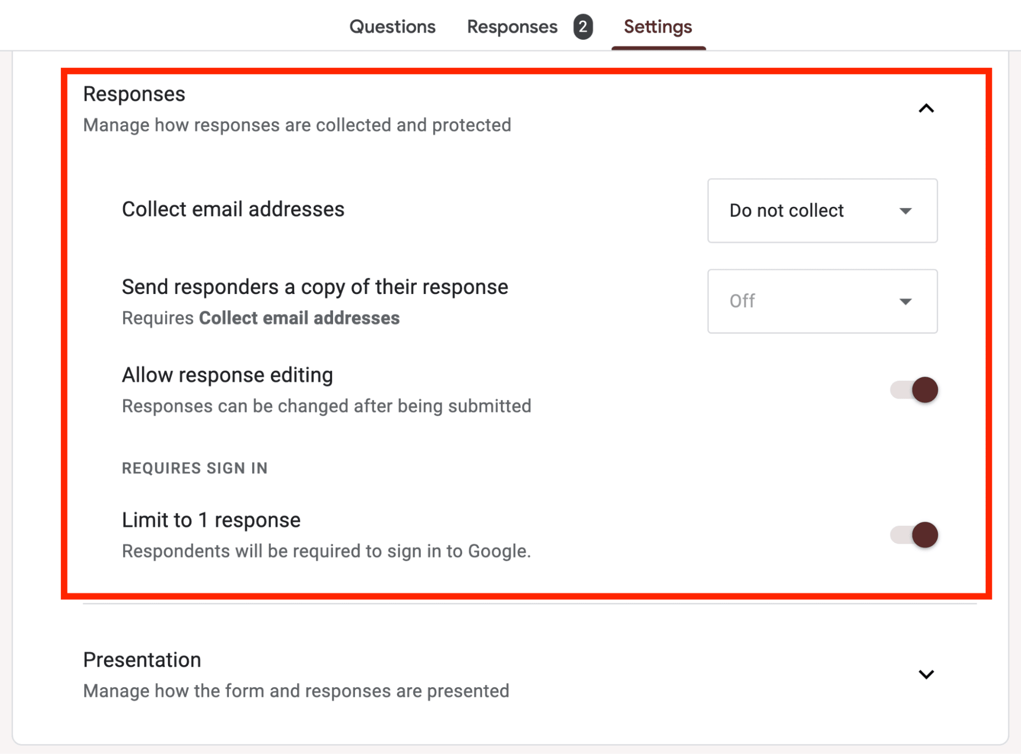 Red square frame highlighting the response setting options.